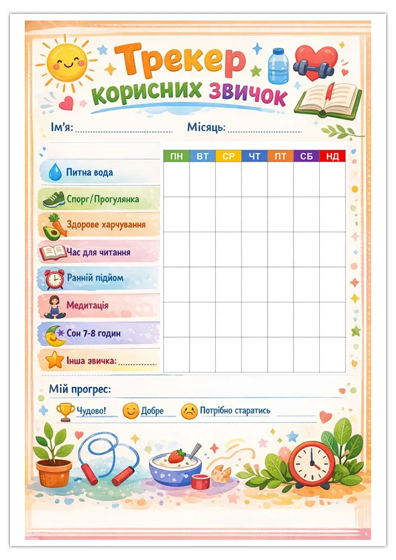 Трекер корисних звичок: шаблон для друку на кожен місяць